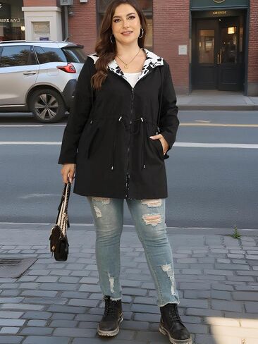 سترة المطر النسائية من AOVDE مقاس كبير معطف واق من المطر ذو وجهين خفيف الوزن وسترات مقاومة للماء مع غطاء للرأس للنساء in Kuwait