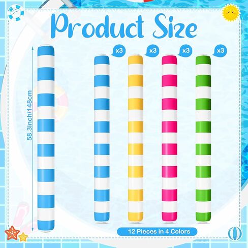 12 Pcs 58.3 Inch Inflatable Pool Noodles Classic Stripes Inflatable Pool Sticks Blow Up Swim Large PVC Pool Floats for Adults Pool Summer Beaches Lake Water Sports Swimming Party Games in Saudi Arabia