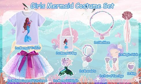 Girls Mermaid Birthday Outfit Mermaid Costume Dress with Bag Wand Hairpin Necklace Earring Bracelet Ring in Saudi Arabia
