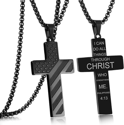 RWQIAN American Flag Cross Necklace for Men Bible Verse, Christian Religious Scriptures Faith Baptism 1st First Communion Pendant Chain for Boys, Fathers Dad Day Graduation Jewelry Gifts for Him in Kuwait