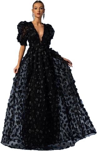 Women's Floral Tulle A Line Puffy Sleeve Prom Dresses Elegant V Neck Formal Evening Party Gowns in Saudi Arabia