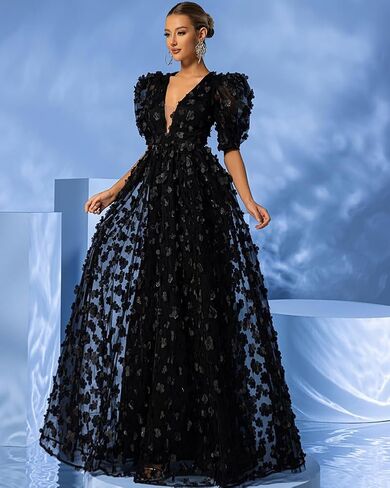 Women's Floral Tulle A Line Puffy Sleeve Prom Dresses Elegant V Neck Formal Evening Party Gowns in Saudi Arabia