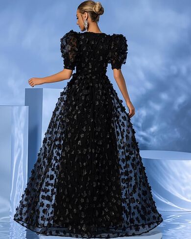 Women's Floral Tulle A Line Puffy Sleeve Prom Dresses Elegant V Neck Formal Evening Party Gowns in Saudi Arabia