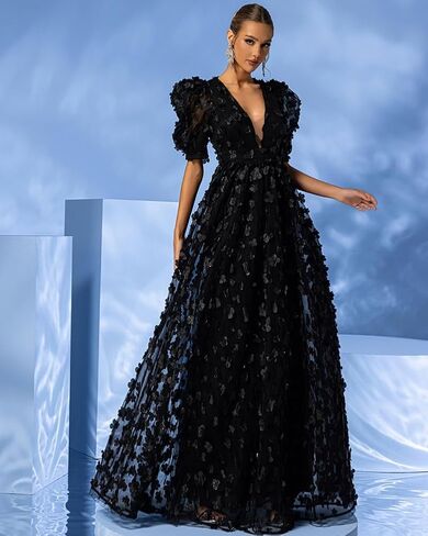 Women's Floral Tulle A Line Puffy Sleeve Prom Dresses Elegant V Neck Formal Evening Party Gowns in Saudi Arabia