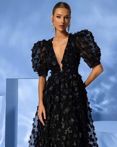 Women's Floral Tulle A Line Puffy Sleeve Prom Dresses Elegant V Neck Formal Evening Party Gowns in Saudi Arabia