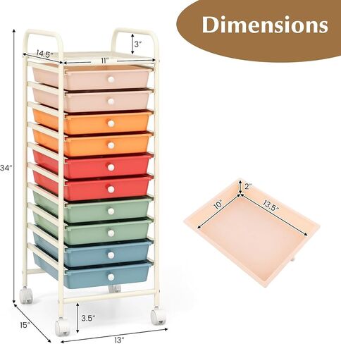 10-Drawer Rolling Storage Cart, Multi-Color, Alloy Steel Frame, Plastic Drawers, Lockable Casters in Saudi Arabia
