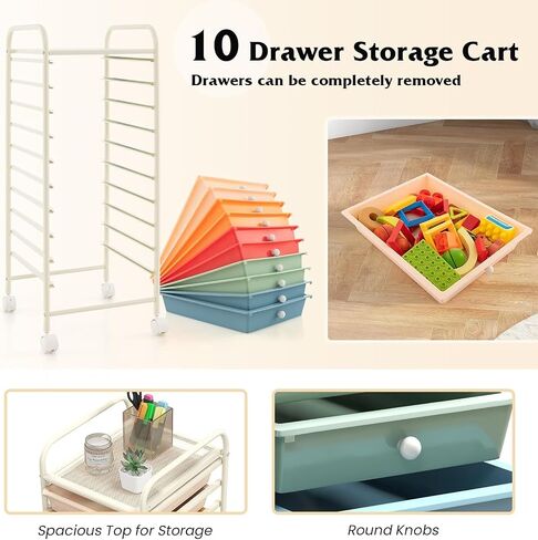 10-Drawer Rolling Storage Cart, Multi-Color, Alloy Steel Frame, Plastic Drawers, Lockable Casters in Saudi Arabia