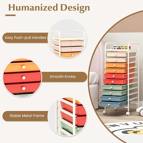 10-Drawer Rolling Storage Cart, Multi-Color, Alloy Steel Frame, Plastic Drawers, Lockable Casters in Saudi Arabia