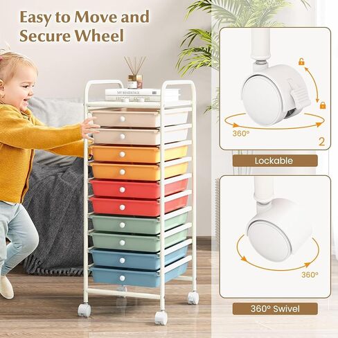 10-Drawer Rolling Storage Cart, Multi-Color, Alloy Steel Frame, Plastic Drawers, Lockable Casters in Saudi Arabia