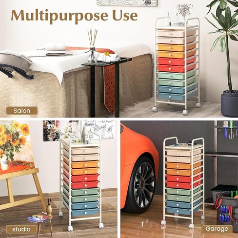 10-Drawer Rolling Storage Cart, Multi-Color, Alloy Steel Frame, Plastic Drawers, Lockable Casters in Saudi Arabia