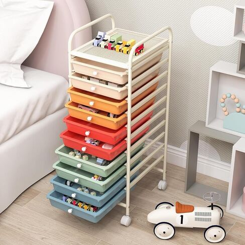 10-Drawer Rolling Storage Cart, Multi-Color, Alloy Steel Frame, Plastic Drawers, Lockable Casters in Saudi Arabia