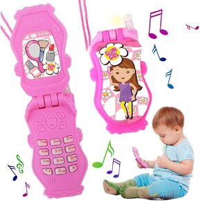 ArtCreativity Pretend Play Flip Cell Phones for Kids, Toddlers - 6 Pack, Cellphone Toy with Songs, Ringtones, Funny Messages and LEDs, Birthday Party Favors and Gifts for Girls - Pink and White