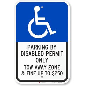 أساسيات SmartSign مقاس 18 × 12 بوصة "وقوف السيارات حسب تصريح المعاقين، منطقة السحب بعيدًا" لافتة وقوف السيارات للمعاقين، مركب ألومنيوم 120 مل (ACM)، مادة عاكسة من الدرجة الهندسية، أزرق/أسود على أبيض in Kuwait