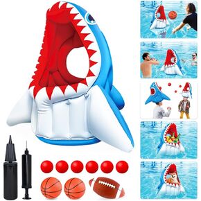 Pool Game Toys, Pool Floats Shark Water Toys| 3-in-1 Inflatable Basketball Hoop & Football & Head Hoop Ball Games, Great Gifts for Kids Adults, Indoor Outdoor Summer Beach Family Birthday Cool Party