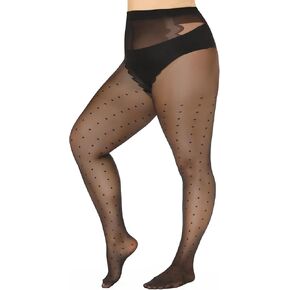 MANZI Plus Size Sheer Pantyhose for Women Polka Dot Tights Black Patterned Tights 20D Sexy Stockings