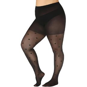 Polka Dot Plus Size Tights for Women, 40D Patterned Tights, High Waist Control Top Black Sheer Pantyhose