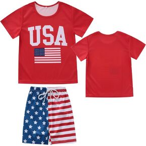 4th Of July Boys American Flag Button Up Baseball Jersey Shirt Shorts Set for 2-14 Years Kids Independence Day Outfit