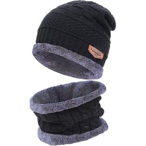 2PCS Winter Beanie Hat Scarf Set for Men and Women,Stylish Thermal Knit Skull Cap,Warmer Beanies Hats Neck Scarfs Set for Skiing Hiking Driving