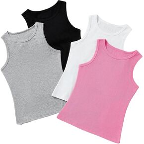 Milumia Girl's 4 Pack Solid Ribbed Knit Tank Tops Sleeveless Crew Neck Basic Undershirts