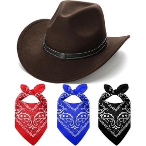 Western Brown Cowboy Hat for Women Men with 3 Pcs Bandanas Felt Wide Brim Brown Cowgirl Hats for Women Cowboys and Cowgirls Halloween Costume Accessories