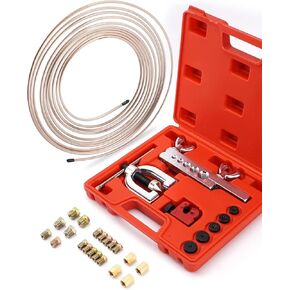 Brake Line Flaring Tool Kit - 25 Ft. 1/4 Copper Coated Brake Line Kit (with 16 Fittings and 4 Unions) + Flaring Tool Set for Single and Double Flares (Includes 5 Adapters and Tube Cutter)