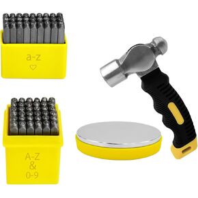 76Pcs Metal Stamping Kit, 1/4"(6mm) Font Uppercase & 1/8"(3mm) Lowercase Letter & Number Punches+ Steel Block+Metal Stamping Hammer(74Pcs 6mm+ 3mm)