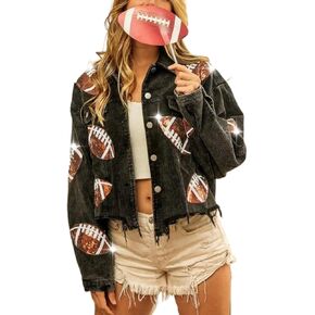 happlan Football Sequin Embroidery Rugby Cropped Frayed Hem Vintage Washed Corduroy Jacket Coat Shacket for Women