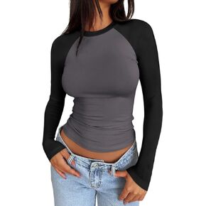 Trendy Queen Women's Long Sleeve Shirts Slim Fit Stretchy Color Block Slightly Cropped Tops