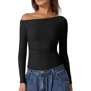 QINSEN Women's Sexy Off Shoulder Shirt Long Sleeve Double Lined Tops Side Ruched Fitted Tees