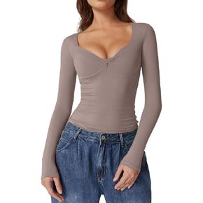 QINSEN Womens Long Sleeve Twist Front V Neck T Shirts Double Lined Slim Fit Trendy Top Tee