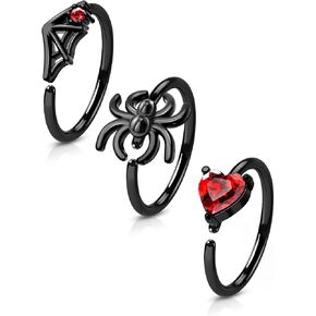COCHARM 3PCS Black Spider Nose Rings 20g Nose Hoop Nose Ring, Spider Web Halloween Nose Hoop for Women Men 8mm Hoop Nose Piercing 22g Nose Piercing Jewelry