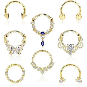 8pcs 16g Septum Rings Surgical Steel Nose Rings Hoops Septum Clicker Daith Piercing Jewelry Silver Butterfly CZ Horseshoe Nose Lip Ring For Women Men