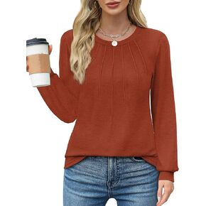 WIHOLL Womens Tunic Tops Loose Fit Long Sleeve Pleated Shirts Crewneck Tops in Kuwait