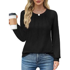 WIHOLL Womens Tunic Tops Loose Fit Long Sleeve Pleated Shirts Crewneck Tops