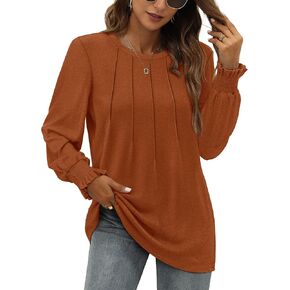 OFEEFAN Women's Tunic Tops Ruffle Sleeve Shirts Pleated Front Blouses Fall Travel Outfits S-3XL