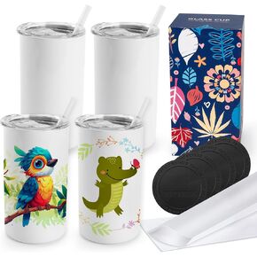 Joyclub 4 Pack 12 oz Sublimation Tumblers Stainless Steel Skinny Straight Sublimation Tumbler with Lid and Straw Ideal for DIY Gifts, Tea, Coffee，Wine