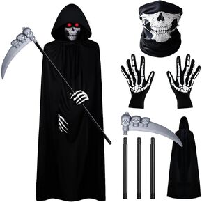 4 PCS Halloween Grim Reaper Costume, Grim Reaper Scythe Death Scythe Staff,Skull Face Mask,Velvet Hooded Cape,Skeleton Hand Gloves,Unisex Men for Scary Cosplay Costume Props,Party specific clothing