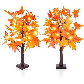 2 Pack 23-Inch Artificial Lighted Maple Tree,Fall Decorations for Home with Timer USB&Battery Operated Artificial Autumn Light up Trees,Artificial Fall Maple Tree for Halloween(No Battery)