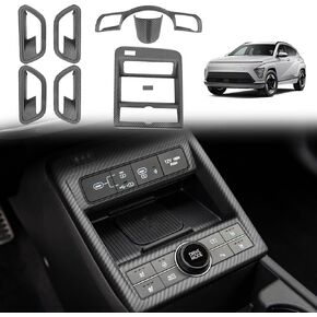 BestEvMod Interior Decoration Trim Set of 7 Compatible with 2024 Hyundai KONA/KONA EV Electric Steering Wheel Inner Door Cover Gear Shift Panel Trim Accessories (Black Wood Grain)