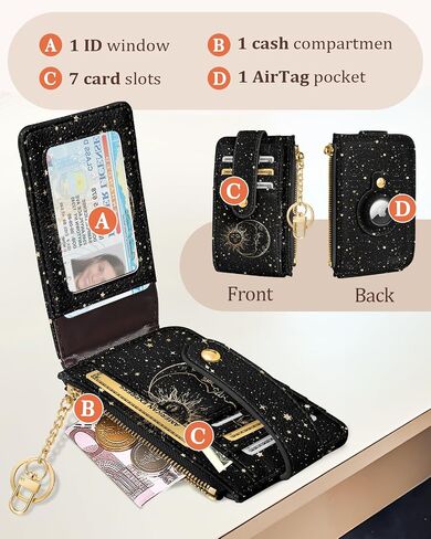 Cute Card Wallet Women with AirTag Holder - Sun Moon Small Wallets with Keychain RFID Credit Cardholder Air Tag Aesthetic Fashion Design Coin Purse for Female Ladies Teen Girls in Saudi Arabia