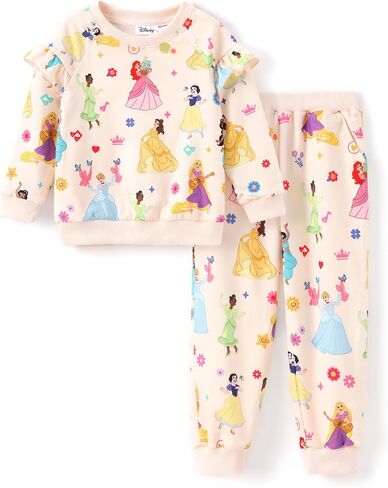 Disney Outfits for Girls Long Sleeve Shirt Pocket Pant Toddler Sweatsuit | Officially Licensed丨Girls Clothes丨2-Piece Outfit丨Allover Print丨Ruffle Shoulder丨Jogger Pants丨Soft Feel丨Easy Care丨Mix & Match in Saudi Arabia
