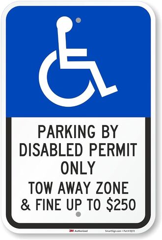 أساسيات SmartSign مقاس 18 × 12 بوصة "وقوف السيارات حسب تصريح المعاقين، منطقة السحب بعيدًا" لافتة وقوف السيارات للمعاقين، مركب ألومنيوم 120 مل (ACM)، مادة عاكسة من الدرجة الهندسية، أزرق/أسود على أبيض in Kuwait