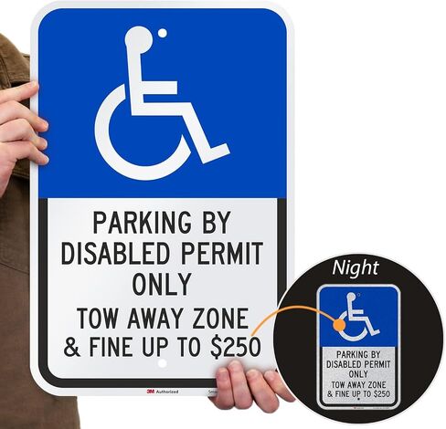 أساسيات SmartSign مقاس 18 × 12 بوصة "وقوف السيارات حسب تصريح المعاقين، منطقة السحب بعيدًا" لافتة وقوف السيارات للمعاقين، مركب ألومنيوم 120 مل (ACM)، مادة عاكسة من الدرجة الهندسية، أزرق/أسود على أبيض in Kuwait