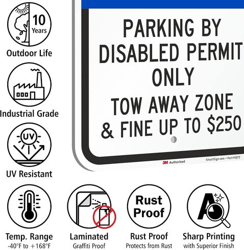 أساسيات SmartSign مقاس 18 × 12 بوصة "وقوف السيارات حسب تصريح المعاقين، منطقة السحب بعيدًا" لافتة وقوف السيارات للمعاقين، مركب ألومنيوم 120 مل (ACM)، مادة عاكسة من الدرجة الهندسية، أزرق/أسود على أبيض in Kuwait