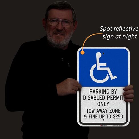 أساسيات SmartSign مقاس 18 × 12 بوصة "وقوف السيارات حسب تصريح المعاقين، منطقة السحب بعيدًا" لافتة وقوف السيارات للمعاقين، مركب ألومنيوم 120 مل (ACM)، مادة عاكسة من الدرجة الهندسية، أزرق/أسود على أبيض in Kuwait