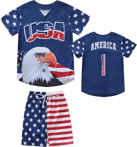 4th Of July Boys American Flag Button Up Baseball Jersey Shirt Shorts Set for 2-14 Years Kids Independence Day Outfit in Saudi Arabia