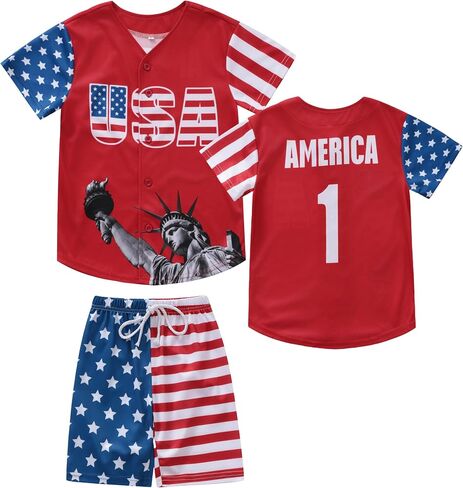 4th Of July Boys American Flag Button Up Baseball Jersey Shirt Shorts Set for 2-14 Years Kids Independence Day Outfit in Saudi Arabia