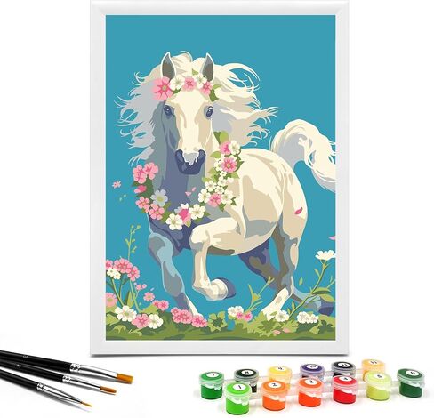 Nariolar Paint by Numbers for Kids Ages 4-8 with 7X9.5 inch Pre-Printed Cardboard,12 Acrylic Paint Pots and 3 Painting Brushes, Craft Gift Room Decor for Children,(Elegant Horse) in Saudi Arabia