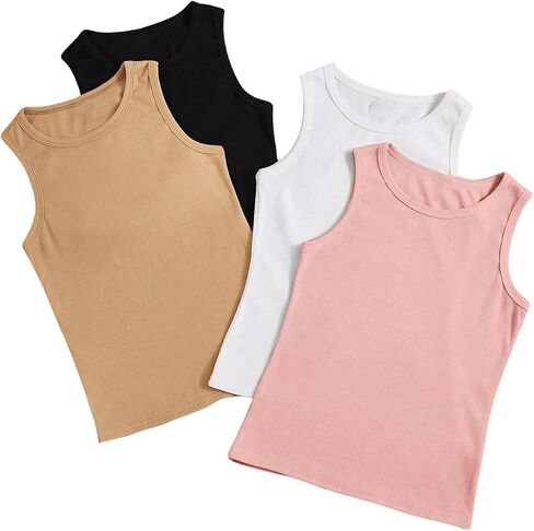Milumia Girl's 4 Pack Solid Ribbed Knit Tank Tops Sleeveless Crew Neck Basic Undershirts in Saudi Arabia