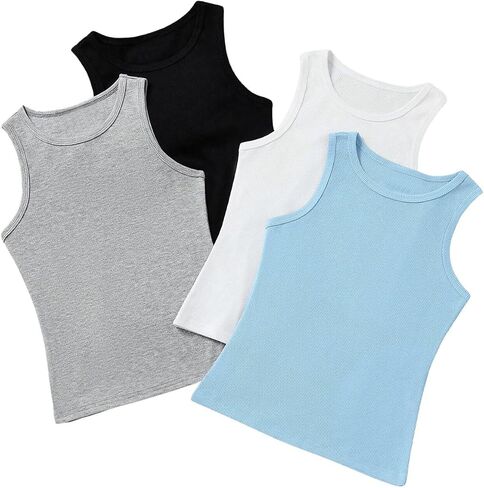 Milumia Girl's 4 Pack Solid Ribbed Knit Tank Tops Sleeveless Crew Neck Basic Undershirts in Saudi Arabia